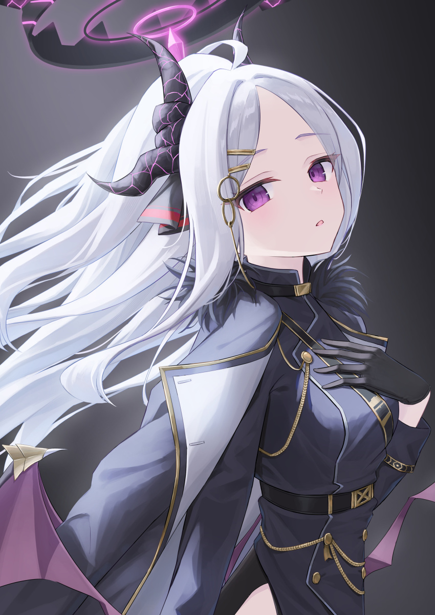1girl, absurdres, belt, black_background, black_coat, black_gloves, black_skirt, blue_archive