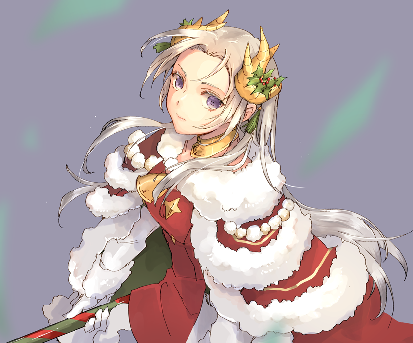 1girl, axe, cape, christmas, commentary_request, edelgard_von_hresvelg, edelgard_von_hresvelg_(snowfall_future), fake_antlers