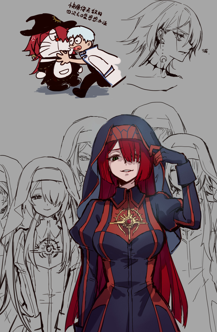 1boy, 1other, 6+girls, absurdres, anger_vein, angry, black_dress, black_headwear