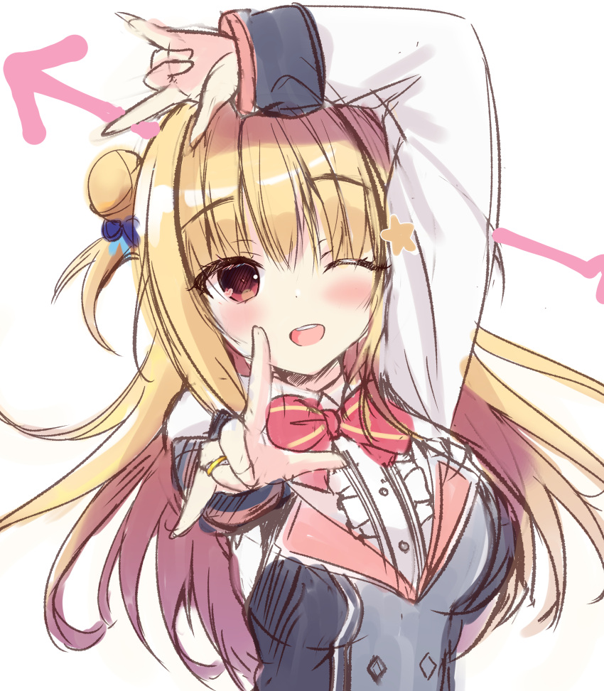 1girl, ;d, \m/, absurdres, arrow_(symbol), blonde_hair, blush, bow