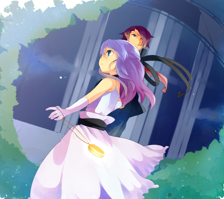 family, father_and_daughter, formal, garden, gloves, hinata123, inazuma_eleven, jewelry, kudou_fuyuka, kudou_michiya, locket, long_dress, long_hair, pendant, purple_eyes, purple_hair, shoes, thigh-highs, violet_eyes, wind