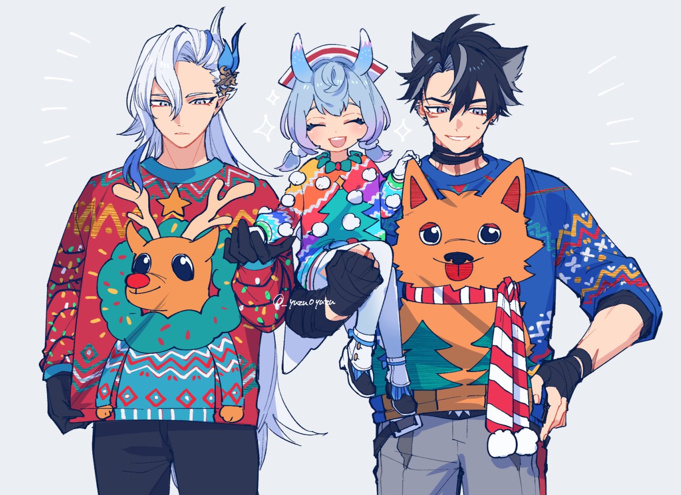 1girl, 2boys, :d, ^_^, animal_ears, artist_name, asymmetrical_bangs, bandaged_arm, bandaged_neck, bandages, black_footwear, black_gloves, black_hair, black_pants, blue_eyes, blue_hair, blue_sweater, blush, boots, carrying, christmas_sweater, closed_eyes, commentary_request, cowboy_shot, ear_piercing, earrings, fingerless_gloves, genshin_impact, gloves, gradient_hair, grey_background, grey_eyes, grey_hair, grey_pants, hair_between_eyes, hair_ornament, hand_on_own_hip, hand_up, hat, jewelry, long_hair, long_sleeves, looking_down, low_twintails, medium_hair, multicolored_clothes, multicolored_hair, multicolored_sweater, multiple_boys, neuvillette_(genshin_impact), notice_lines, nurse_cap, open_mouth, pants, pantyhose, parted_bangs, parted_lips, piercing, pointy_ears, pom_pom_(clothes), pom_pom_hair_ornament, print_sweater, purple_hair, rainbow_sweater, red_sweater, sakura_0270, scar, scar_on_arm, scar_on_cheek, scar_on_face, scar_on_neck, short_hair, short_twintails, sigewinne_(genshin_impact), simple_background, sleeves_rolled_up, smile, sparkle, standing, star_(symbol), streaked_hair, stud_earrings, sweatdrop, sweater, teeth, twintails, twitter_username, upper_teeth_only, v-shaped_eyebrows, very_long_hair, white_gloves, white_hair, white_headwear, white_pantyhose, wriothesley_(genshin_impact)