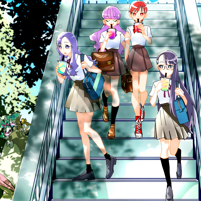 4girls, arm_grab, asymmetrical_bangs, bag, black_coat, black_ribbon, black_skirt, blue_eyes