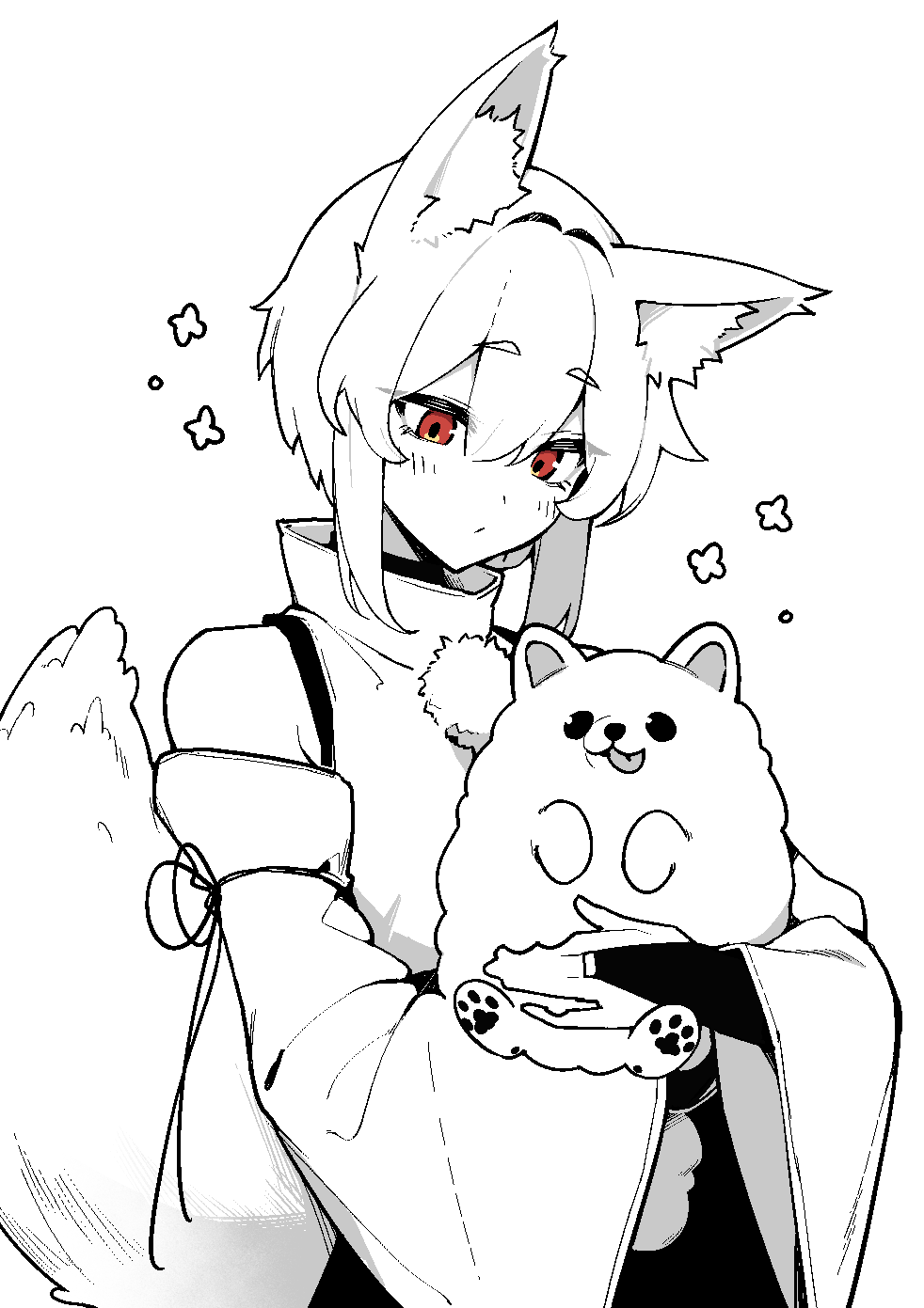 1641_(chfhrtor94), 1girl, :3, animal, animal_ear_fluff, animal_ears, closed_mouth, commentary_request, cowboy_shot, detached_sleeves, dog, expressionless, greyscale, highres, holding, holding_animal, holding_dog, inubashiri_momiji, monochrome, pom_pom_(clothes), red_eyes, shirt, short_hair_with_long_locks, simple_background, skirt, sleeveless, sleeveless_shirt, solo, spot_color, tail, tongue, tongue_out, touhou, turtleneck, white_background, wide_sleeves, wolf_ears, wolf_girl, wolf_tail