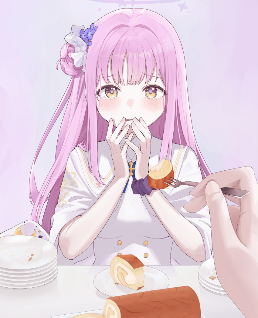 1boy, 1girl, absurdres, angel_wings, bimo_(bimo_koa), blue_archive, blunt_bangs, cake