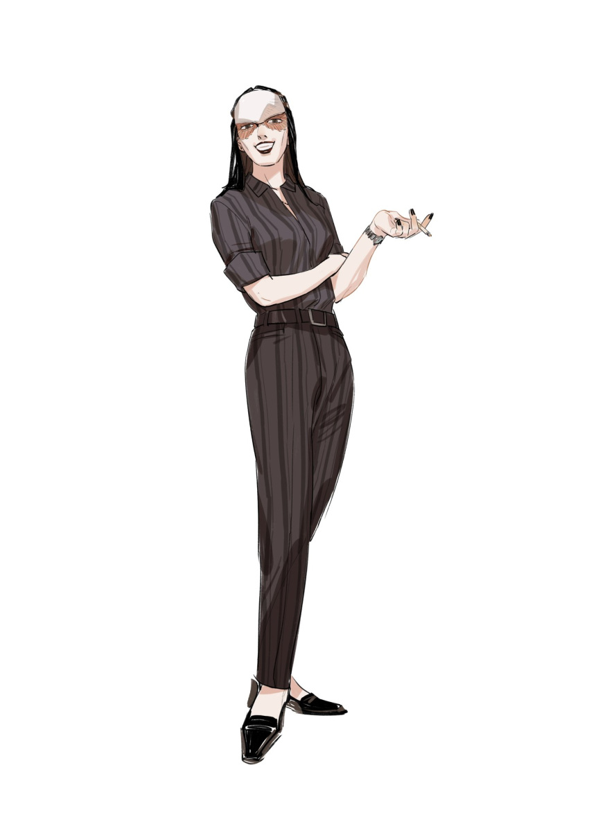 1girl, black_eyes, black_footwear, black_hair, black_lips, black_nails, black_pants, black_shirt