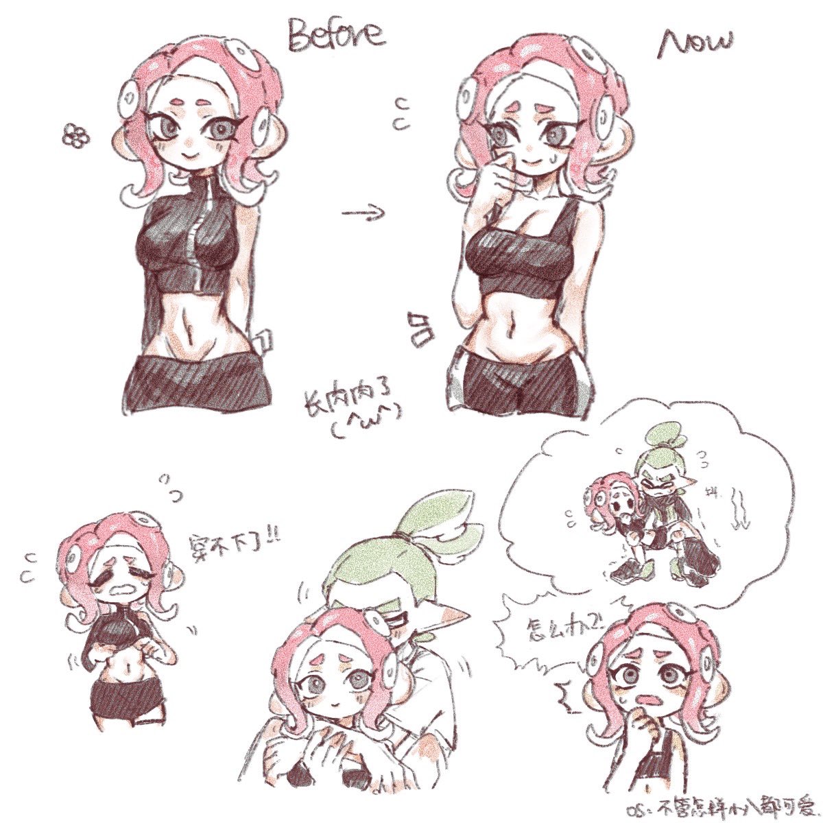 1boy, 1girl, agent_3_(splatoon), agent_8_(splatoon), arrow_(symbol), black_skirt, black_sports_bra, breasts, bright_pupils, carrying, carrying_person, chinese_commentary, chinese_text, closed_mouth, crop_top, flying_sweatdrops, green_hair, grey_eyes, groin, hand_up, heavy, highres, hug, hug_from_behind, inkling, inkling_boy, inkling_player_character, medium_breasts, medium_hair, miniskirt, motion_lines, navel, octoling, octoling_girl, octoling_player_character, pencil_skirt, pink_hair, princess_carry, short_hair, single_bare_shoulder, single_sleeve, skirt, smile, splatoon_(series), splatoon_2, splatoon_2:_octo_expansion, sports_bra, struggling, sweat, thenintlichen96, translation_request, trembling, weight_conscious, white_pupils