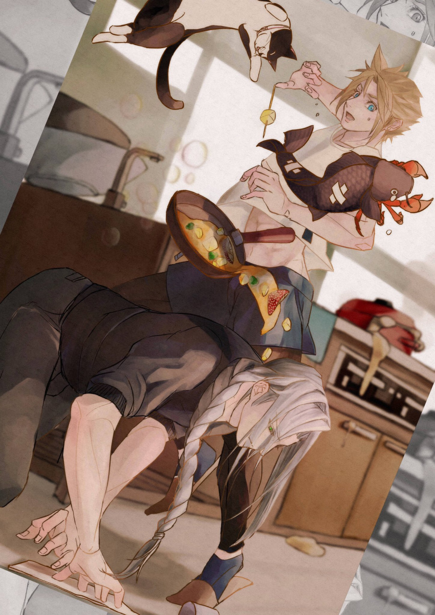 2boys, all_fours, alternate_costume, alternate_hairstyle, arm_up, bandaid, black_leggings, black_pants