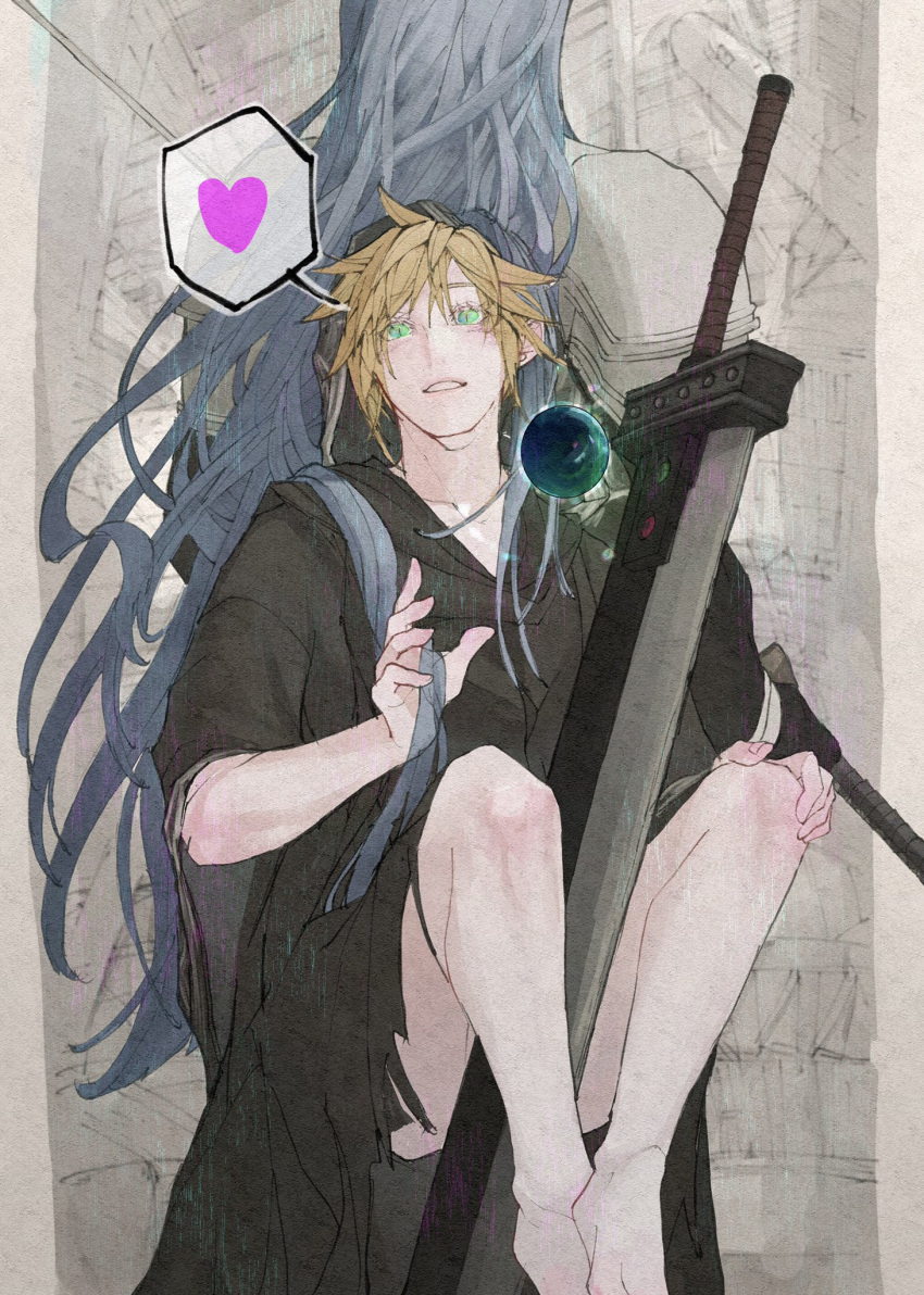 2boys, abstract_background, armor, back-to-back, between_thighs, black_coat, black_gloves, black_materia, black_robe, blonde_hair, blush, buster_sword, cloud_strife, coat, commentary, crossed_ankles, facing_away, final_fantasy, final_fantasy_vii, gloves, green_eyes, grey_hair, grin, hand_on_own_knee, hand_up, happy, heart, highres, holding, holding_another's_hair, holding_sword, holding_weapon, implied_yaoi, invisible_chair, katana, long_hair, long_sleeves, male_focus, masamune_(ff7), materia, multiple_boys, no_pants, official_alternate_costume, official_alternate_eye_color, pauldrons, possessed, robe, sephiroth, short_hair, shoulder_armor, sitting, sketch_background, slit_pupils, smile, speech_bubble, spiky_hair, spoken_heart, sword, symbol-only_commentary, weapon, yakinik10790100