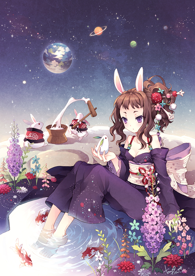 barefoot, brown_hair, bunny, bunny_ears, earth, face, feet_in_water, fish