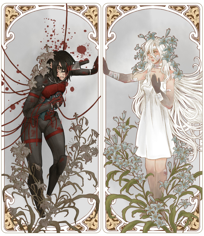 2girls, absurdres, android, angry, ariane_yeong, artist_request, black_hair, blood