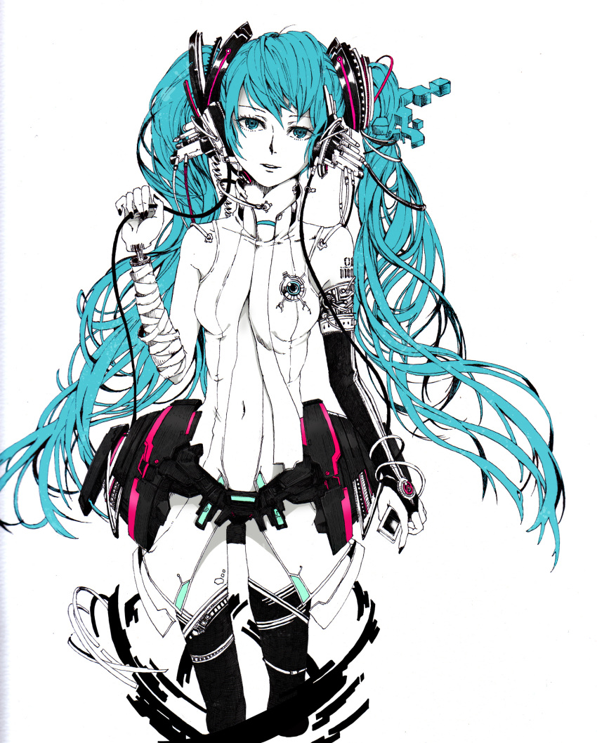 absurdres, aqua_eyes, bad_id, hatsune_miku, hatsune_miku_(append), highres, long_hair, miku_append, pio, pio_(doragonheart), simple_background, solo, thighhighs, twintails, very_long_hair, vocaloid, vocaloid_append