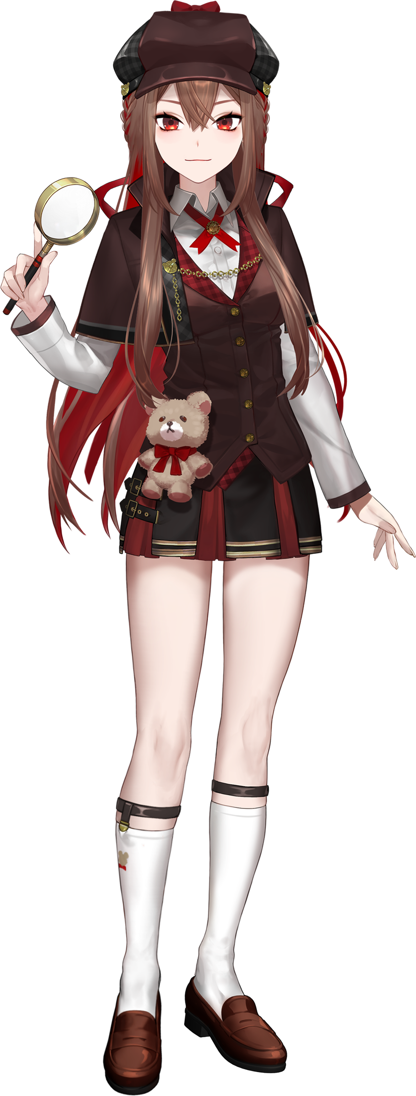 1girl, black_skirt, bow, braid, brown_capelet, brown_footwear, brown_hair, brown_headwear, brown_vest, capelet, chain, chiharu_(virtuareal), closed_mouth, collared_shirt, colored_inner_hair, deerstalker, detective, french_braid, full_body, hair_between_eyes, hat, highres, holding, holding_magnifying_glass, loafers, loalo, long_sleeves, looking_at_viewer, magnifying_glass, miniskirt, multicolored_hair, nijisanji, official_art, red_bow, red_eyes, redhead, shirt, shoes, skirt, socks, solo, standing, stuffed_animal, stuffed_toy, teddy_bear, vest, virtual_youtuber, virtuareal, white_shirt, white_socks