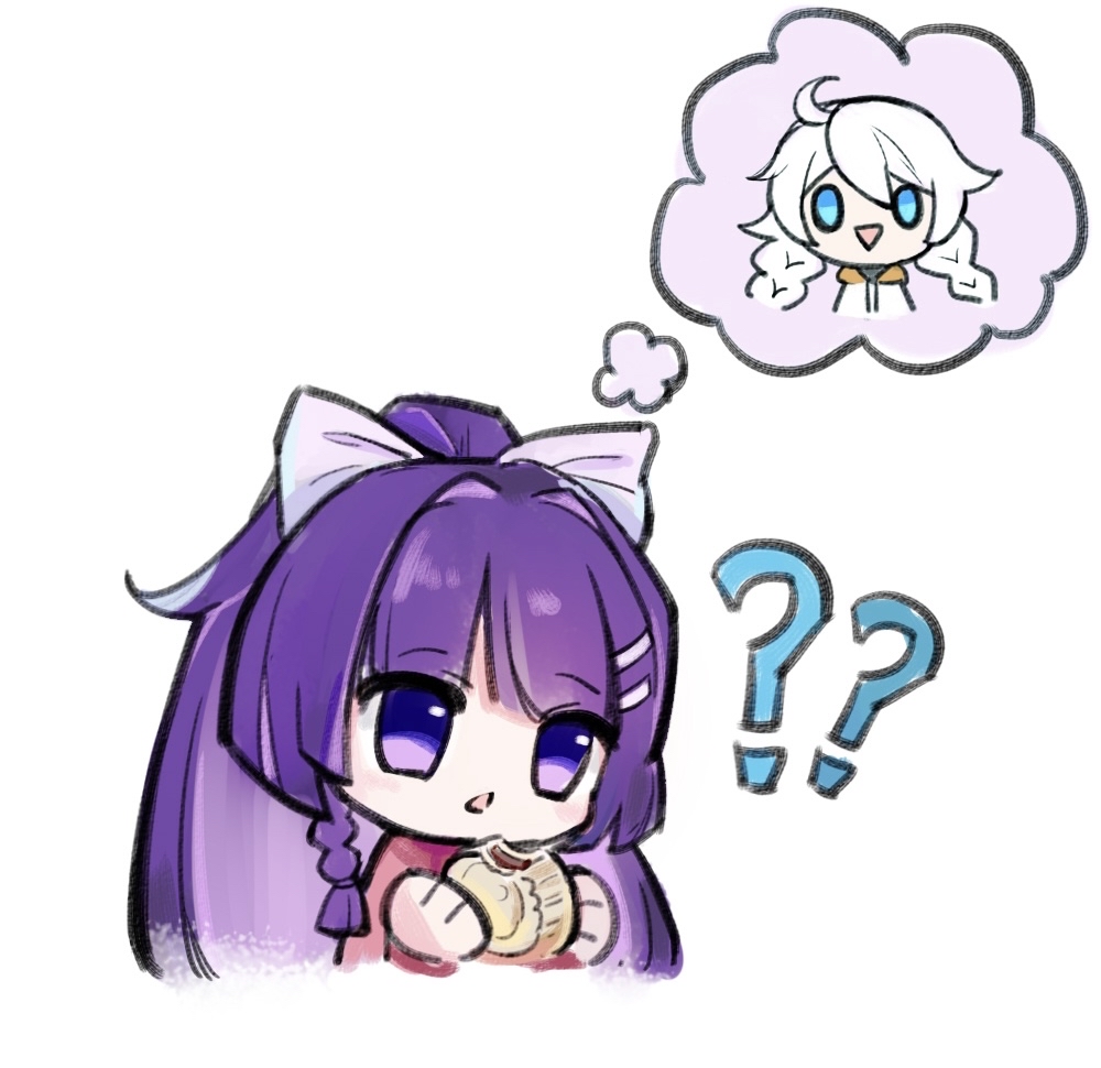 2girls, :>, ?, ahoge, blue_eyes, bow, braid, food