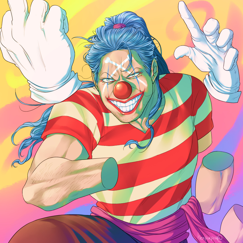 1boy, absurdres, blue_hair, buggy_the_clown, clenched_teeth, clown_nose, commentary, english_commentary