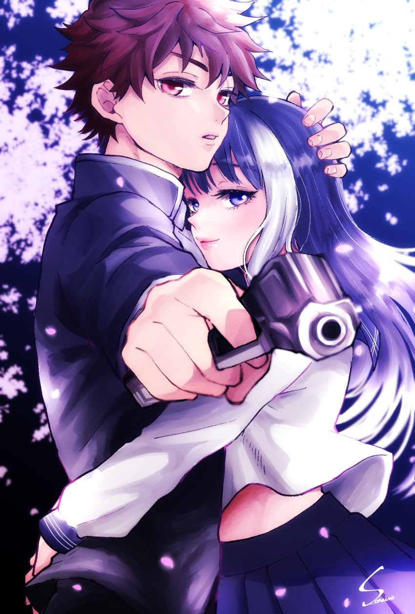 1boy, 1girl, asano_taiyo, blue_eyes, blue_hair, couple, eyelashes, gun, height_difference, hetero, highres, holding, holding_gun, holding_weapon, hug, multicolored_hair, protecting, red_eyes, redhead, school_uniform, signature, sky_blue_025250, streaked_hair, weapon, yozakura-san_chi_no_daisakusen, yozakura_mutsumi