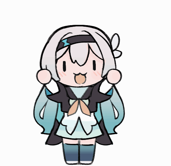 1girl, animated, animated_gif, arms_up, black_hairband, black_jacket, blue_thighhighs, chibi