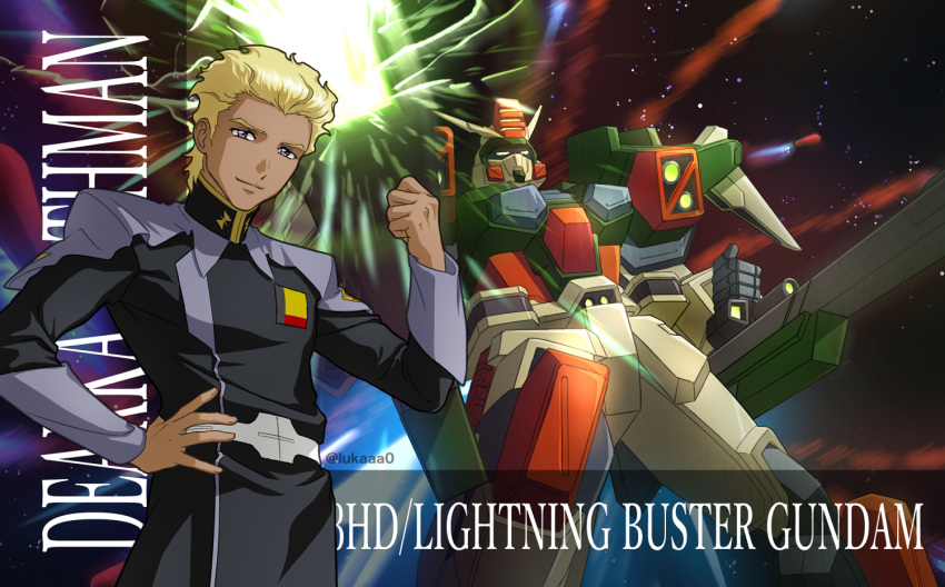 1boy, blonde_hair, dark-skinned_male, dark_skin, dearka_elsman, energy_beam, energy_gun, firing