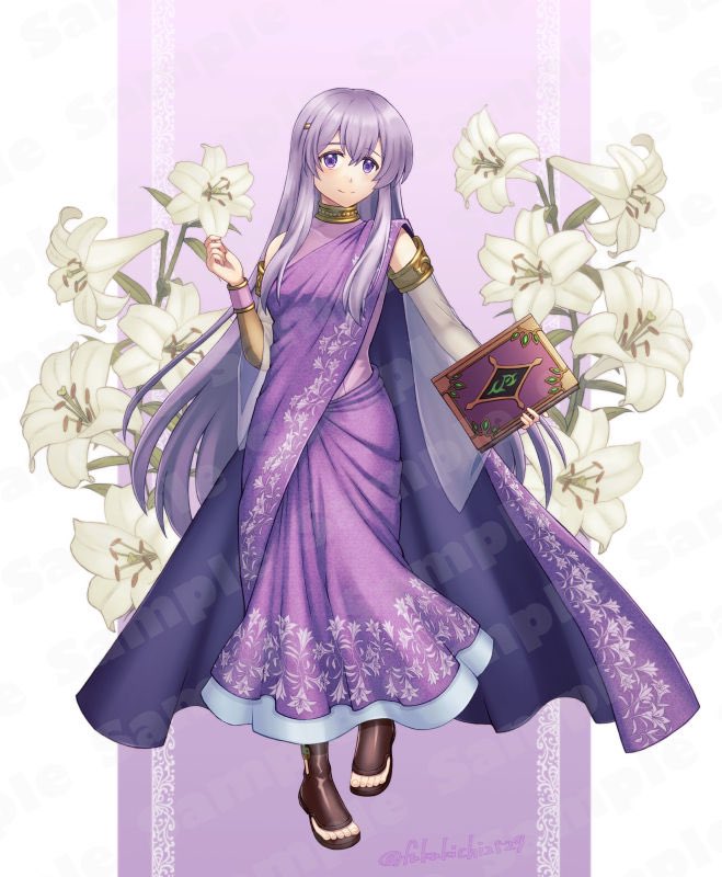1girl, book, cape, circlet, dress, fire_emblem, fire_emblem:_genealogy_of_the_holy_war, floral_background, fukukichi2529, full_body, holding, holding_book, julia_(fire_emblem), long_hair, purple_cape, purple_hair, sample_watermark, sandals, smile, solo, violet_eyes, watermark