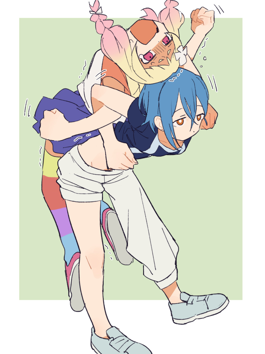 2girls, assisted_stretching, asymmetrical_pants, blonde_hair, blue_hair, blue_shirt, blue_skirt, braid