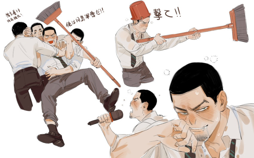 4boys, black_hair, blank_eyes, blush, broom, brown_footwear, brown_pants, bucket