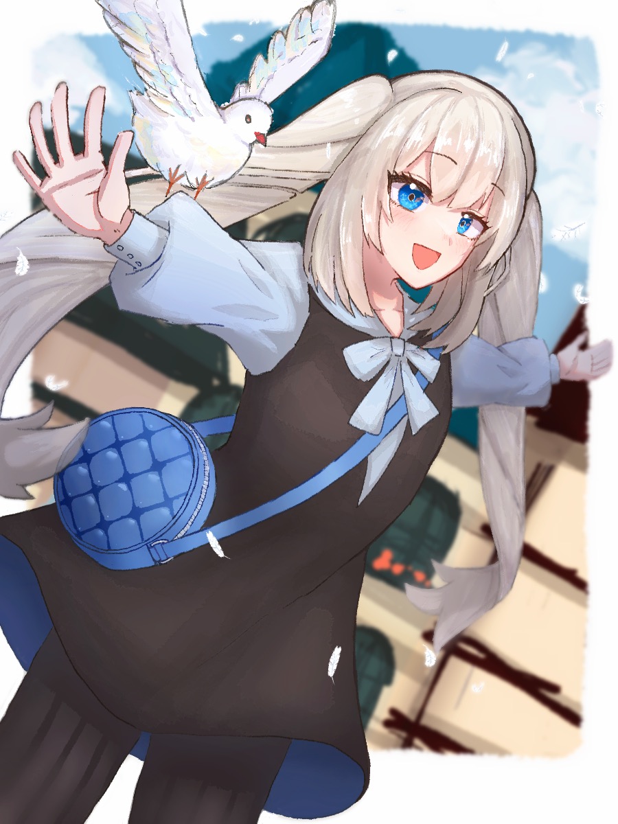 1girl, :d, bag, bird, black_dress, black_pantyhose, blonde_hair, blue_eyes, blurry, blurry_background, casual, day, dove, dress, dutch_angle, fate/grand_order, fate_(series), feathers, fuwa_negi, handbag, highres, long_hair, long_sleeves, marie_antoinette_(fate), outdoors, pantyhose, puffy_long_sleeves, puffy_sleeves, ribbon, smile, solo, standing, twintails, white_ribbon