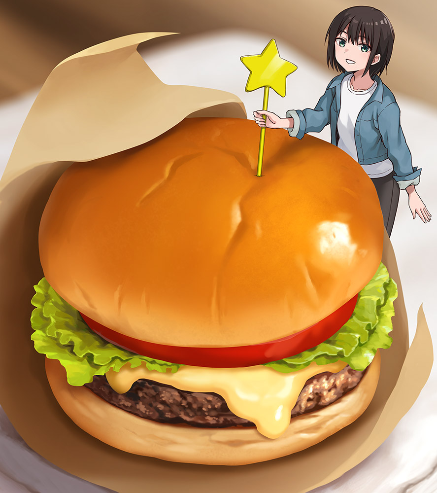 1girl, black_hair, black_pants, blue_jacket, blurry, burger, cheese, depth_of_field, food, food_focus, hashi, jacket, lettuce, mini_person, minigirl, open_clothes, open_jacket, original, pants, shiny_food, shirt, short_hair, smile, standing, star_(symbol), tomato, white_shirt