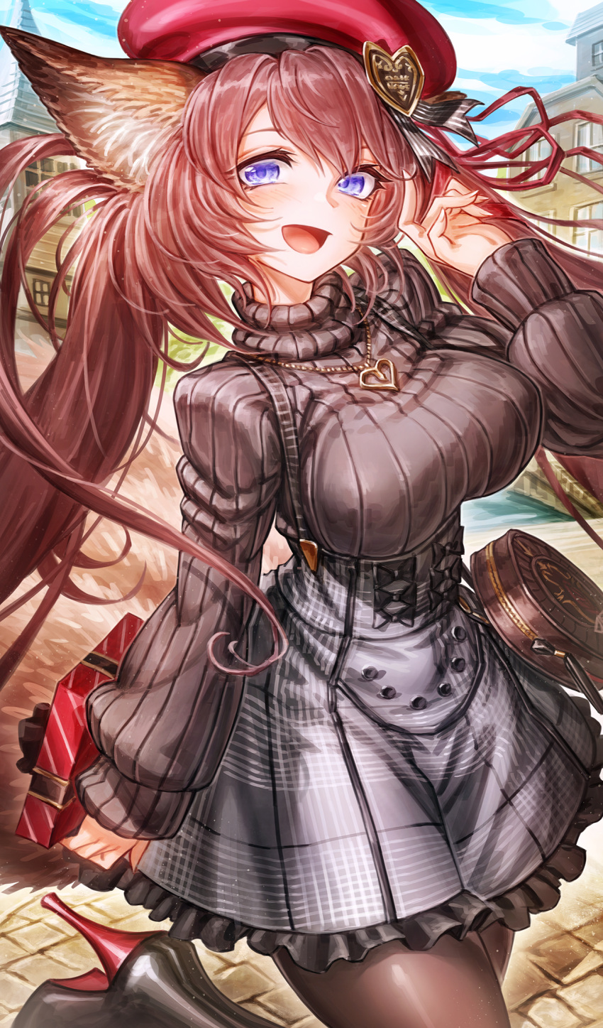 :d, animal_ears, black_sweater, blue_sky, breasts, brown_hair, brown_pantyhose, building