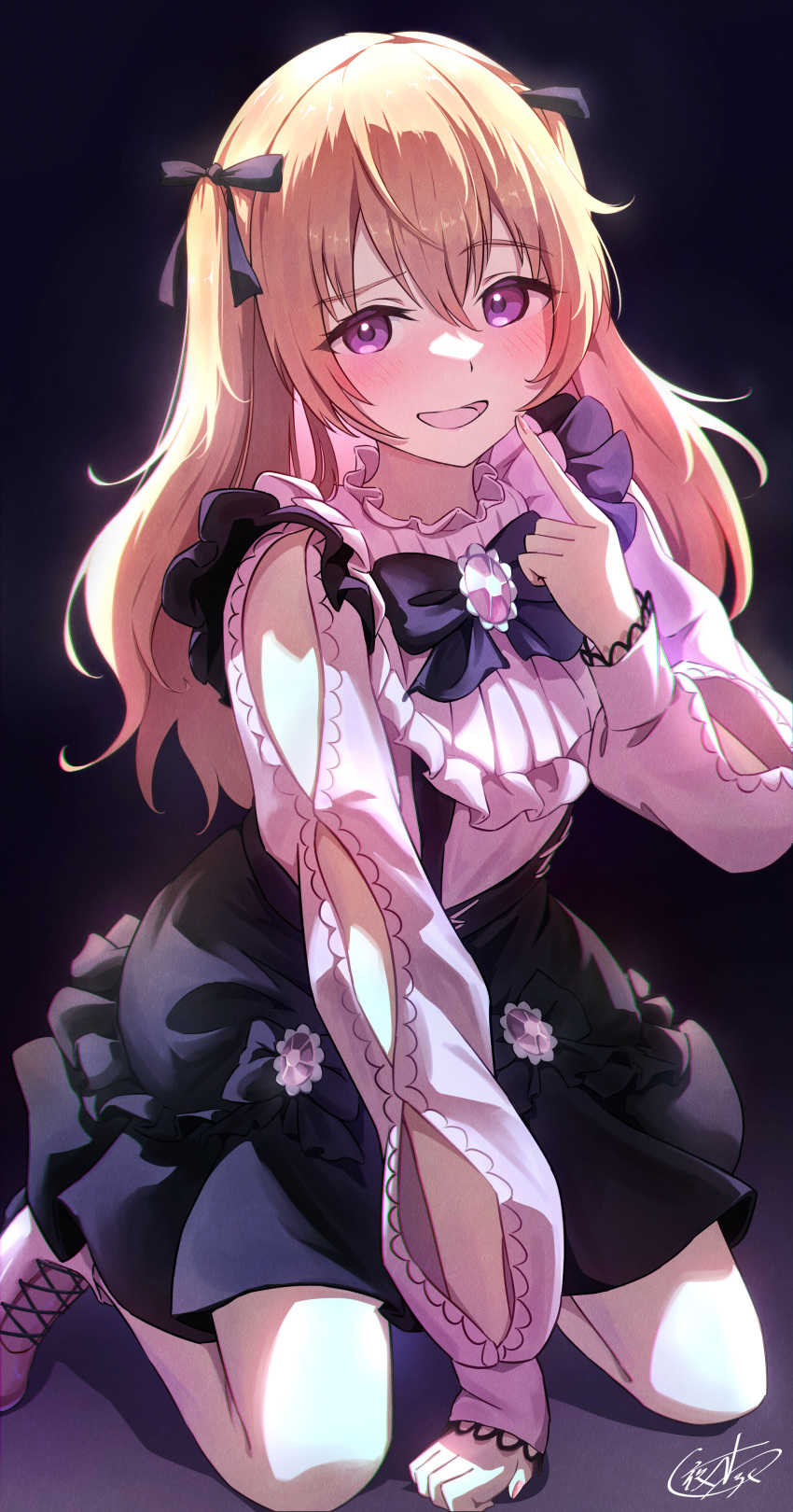 1girl, :d, absurdres, between_legs, black_bow, black_bowtie, black_skirt, blonde_hair, blush, bow, bowtie, clothing_cutout, commentary_request, cooking_with_love, fingernails, hair_between_eyes, hair_bow, hand_between_legs, high-waist_skirt, highres, jirai_kei, kneeling, konoe_kanata, long_hair, long_sleeves, looking_at_viewer, love_live!, love_live!_nijigasaki_high_school_idol_club, miniskirt, open_mouth, pink_sweater, pointing, pointing_at_self, shoulder_cutout, signature, skirt, smile, solo, suspender_skirt, suspenders, sweater, two_side_up, violet_eyes, yatoroku