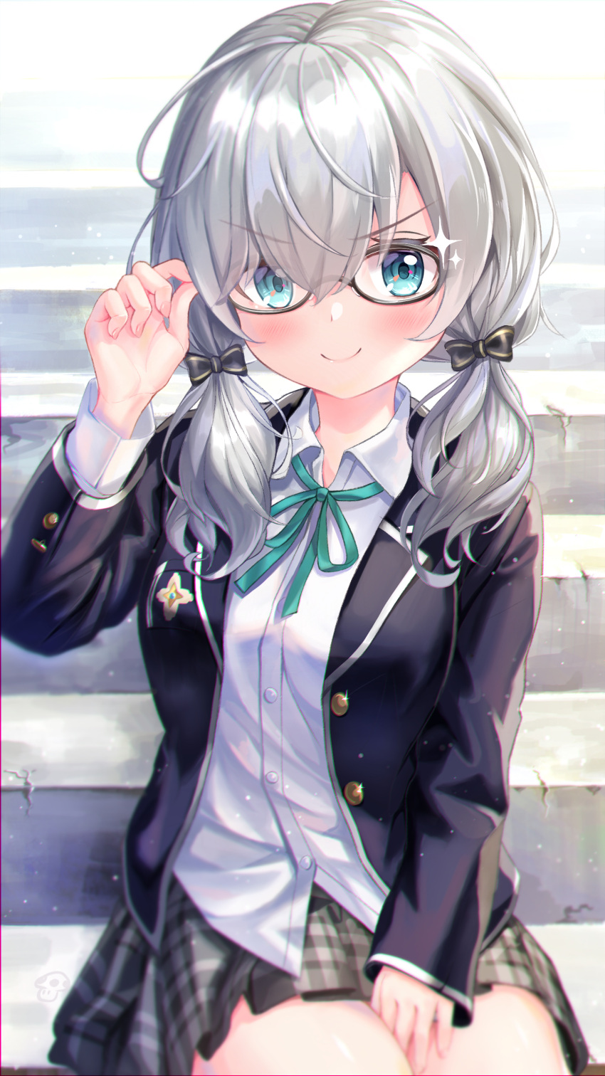 1girl, absurdres, adjusting_eyewear, ars_almal_(4th_costume), black-framed_eyewear, black_bow, black_coat, blush, bow, coat, collared_shirt, dress_shirt, glasses, green_ribbon, grey_hair, grey_skirt, hair_between_eyes, hair_bow, hair_over_shoulder, hand_on_eyewear, hand_on_own_thigh, highres, light_rays, long_hair, looking_at_viewer, low_twintails, neck_ribbon, nijisanji, open_clothes, open_coat, plaid, plaid_skirt, pleated_skirt, ribbon, shirt, sitting, sitting_on_stairs, skirt, smile, sparks, stairs, sunbeam, sunlight, twintails, tyutaka0427, v-shaped_eyebrows, white_shirt