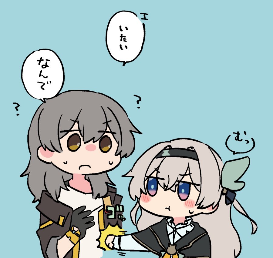 2girls, :t, ?, black_gloves, black_jacket, blue_background, blue_eyes, blue_pupils, blush_stickers, bow, firefly_(honkai:_star_rail), gloves, green_bow, grey_hair, hair_between_eyes, hair_bow, honkai:_star_rail, honkai_(series), jacket, long_hair, multiple_girls, neckerchief, off-shoulder_jacket, off_shoulder, open_clothes, open_jacket, orange_neckerchief, pink_eyes, pout, shirt, shiruinu, sidelocks, simple_background, stelle_(honkai:_star_rail), straight_hair, sweat, trailblazer_(honkai:_star_rail), translated, two-tone_eyes, upper_body, v-shaped_eyebrows, white_shirt, yellow_eyes, yuri