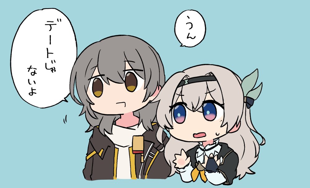 2girls, :o, black_hairband, black_jacket, blue_background, blue_eyes, blue_pupils, bow