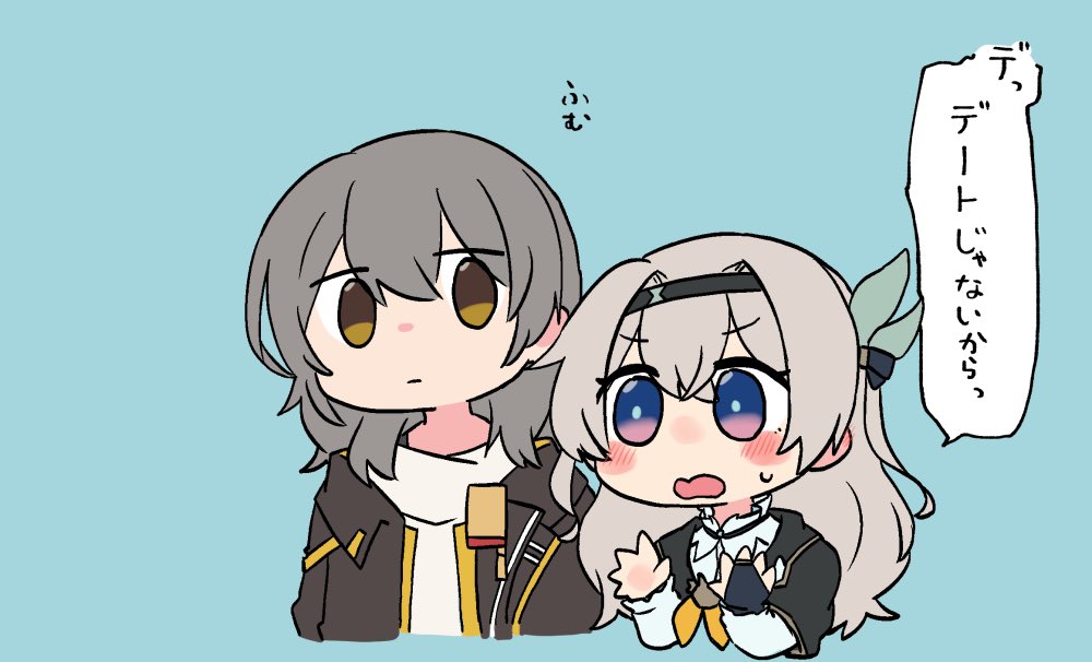 2girls, :o, black_hairband, black_jacket, blue_background, blue_eyes, blue_pupils, blush_stickers