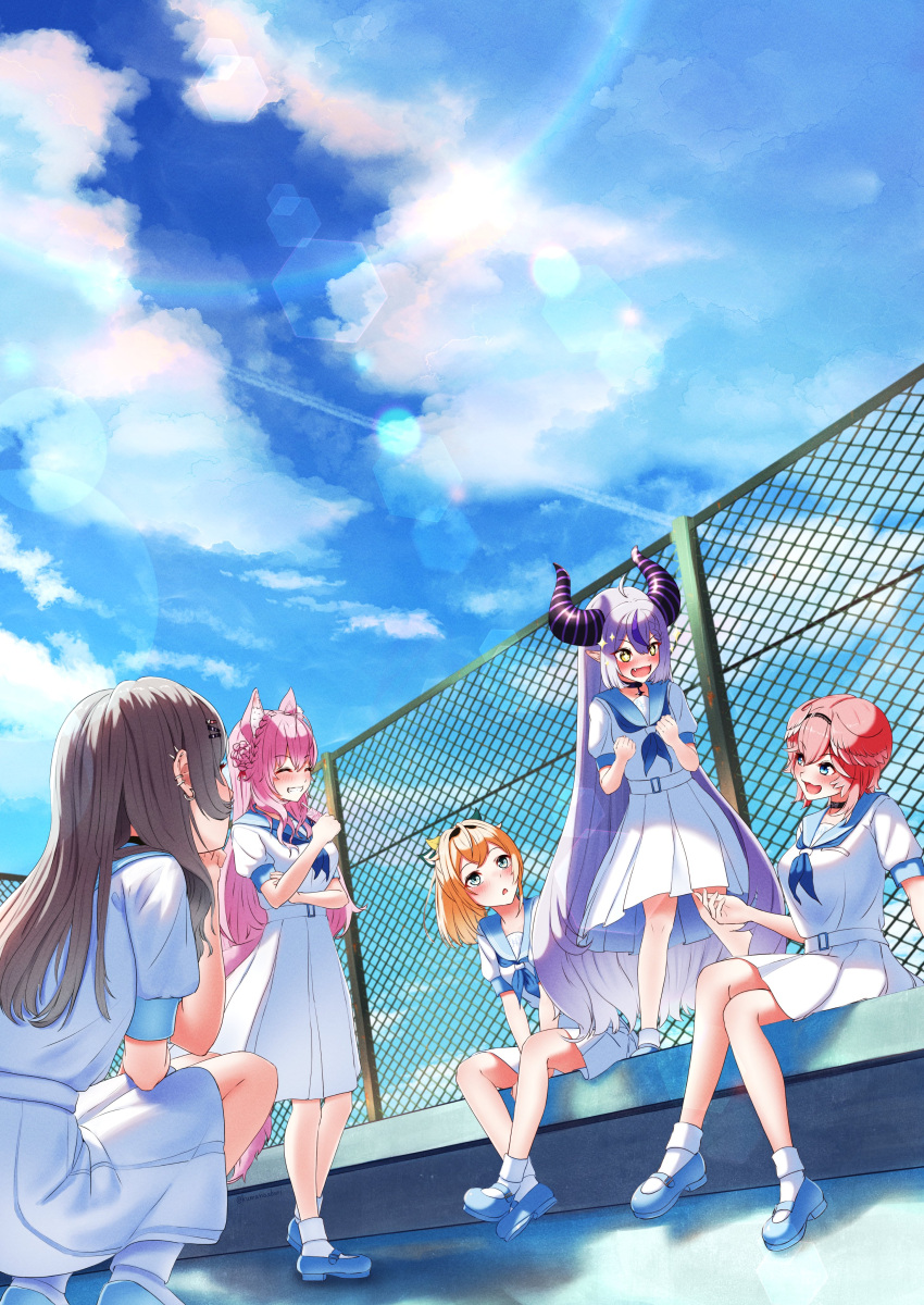 5girls, :d, ^_^, absurdres, animal_ears, blonde_hair, blue_eyes, blue_sky