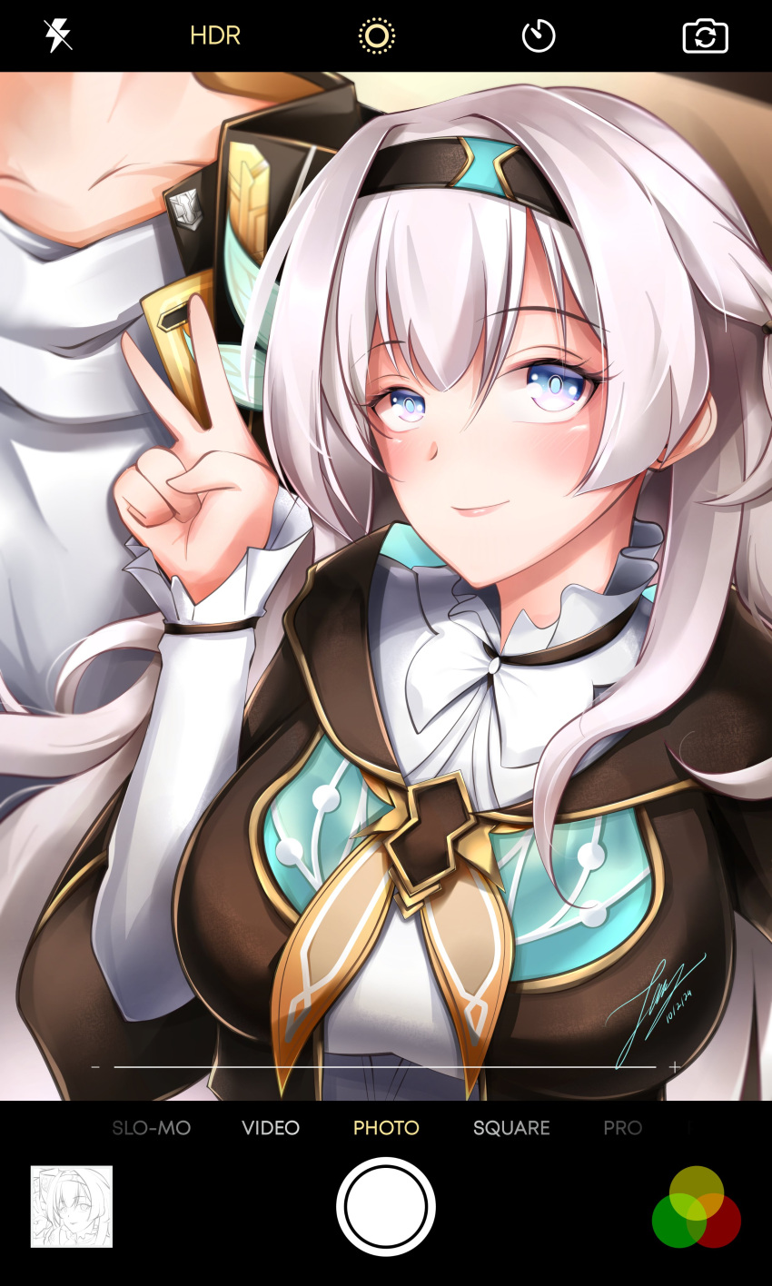 1boy, 1girl, absurdres, breasts, caelus_(honkai:_star_rail), firefly_(honkai:_star_rail), grey_hair, hair_between_eyes, hairband, highres, honkai:_star_rail, honkai_(series), jacket, long_hair, long_sleeves, medium_breasts, neckerchief, orange_neckerchief, puffy_long_sleeves, puffy_sleeves, sailor_collar, selfie, sidelocks, smile, trailblazer_(honkai:_star_rail), two-tone_eyes, v, zrhnzm