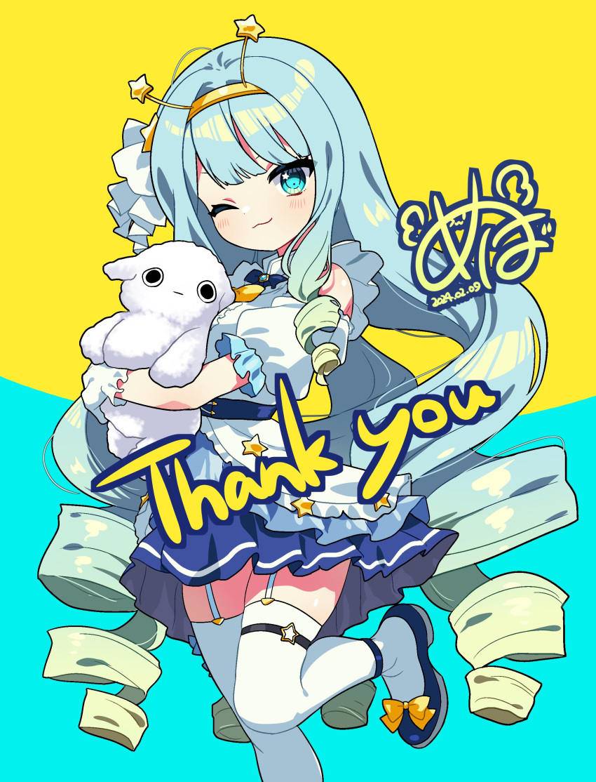 1girl, absurdres, aqua_hair, blue_bow, blue_footwear, blue_skirt, blunt_bangs, bow