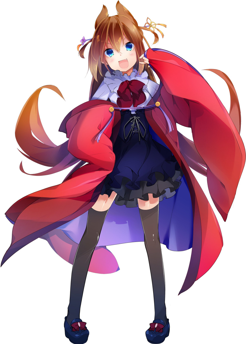 1girl, :d, absurdres, ascot, black_thighhighs, blouse, blue_corset, blue_eyes