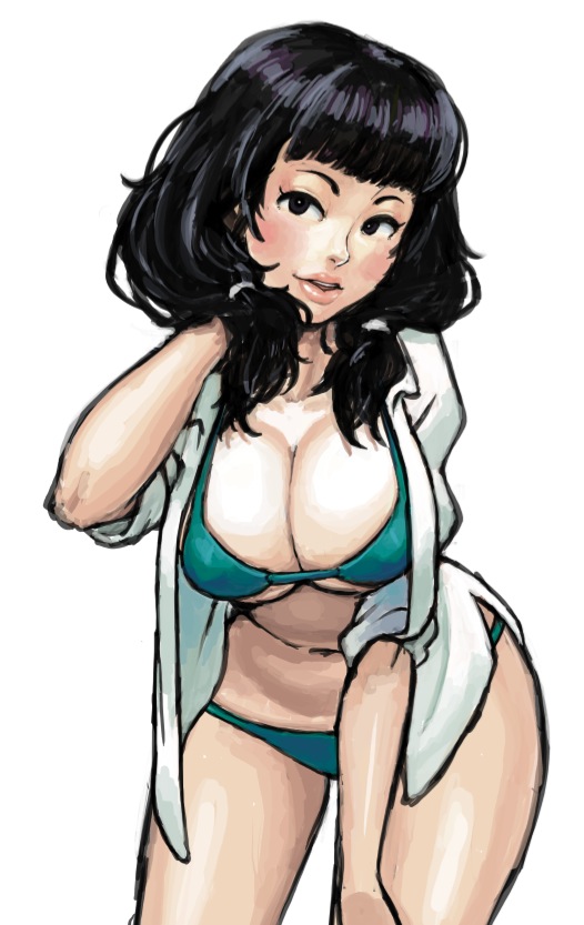 black_eyes, black_hair, breasts, cleavage, curvy, hips, kinuko_(fever_chill), large_breasts