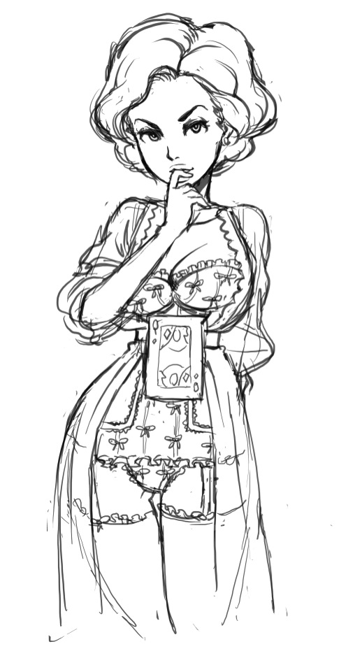 breasts, card, cleavage, finger_in_mouth, kinuko_(fever_chill), lingerie, monochrome, nightgown
