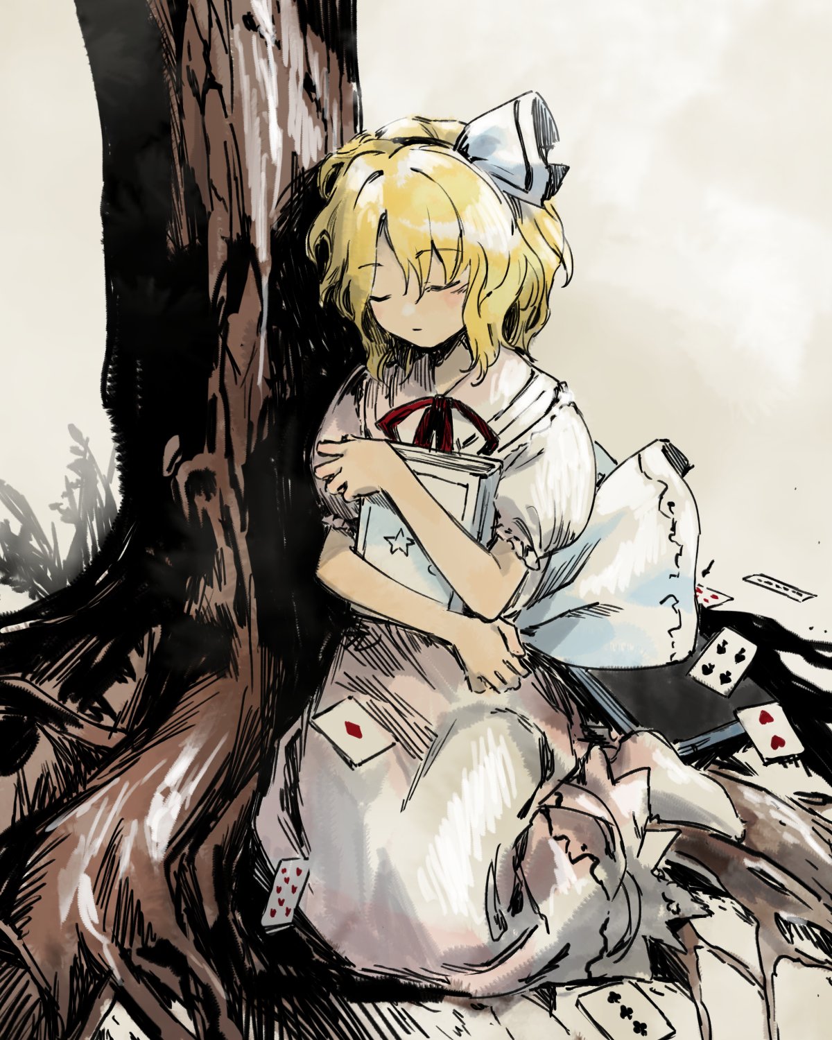 1girl, ace_(playing_card), ace_of_diamonds, against_tree, alice_margatroid, alice_margatroid_(pc-98), back_bow, blonde_hair