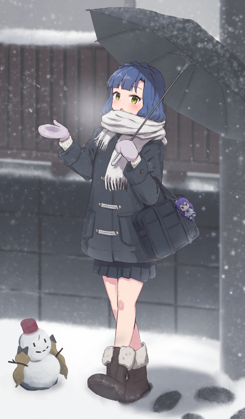 1girl, :o, absurdres, bag, bag_charm, bare_legs, black_coat, black_skirt