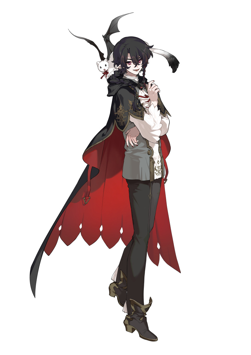 1boy, :d, absurdres, black_cape, black_footwear, black_hair, black_pants, braid, cape, fang, full_body, hair_between_eyes, highres, incredibly_absurdres, long_sleeves, lower_teeth_only, male_focus, nail_polish, nijisanji, official_art, open_mouth, pants, pointy_ears, red_eyes, red_nails, samael_(virtuareal), shirt, slit_pupils, smile, solo, standing, tachi-e, teeth, tongue, towtow_redoland, transparent_background, virtual_youtuber, virtuareal, white_shirt
