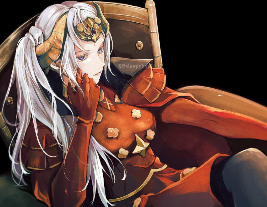 1girl, cape, edelgard_von_hresvelg, fake_horns, fire_emblem, fire_emblem:_three_houses, gold_horns, highres, horns, red_cape, side_ponytail, sleepyboy1007, violet_eyes, white_hair