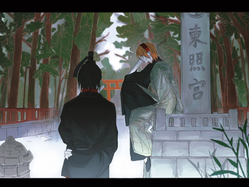 2others, alternate_costume, androgynous, arm_behind_back, black_footwear, black_hair, black_headwear, black_jacket