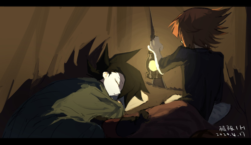 2boys, absurdres, black_border, black_hair, black_shirt, border, brown_hair, camping