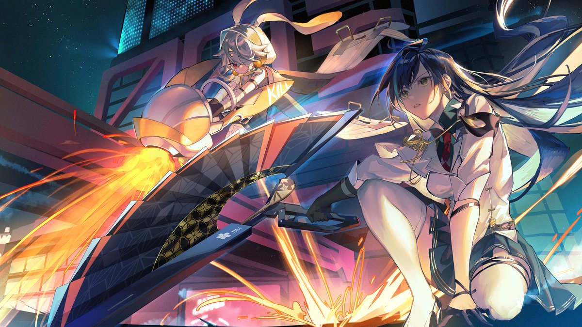 2girls, blue_hair, building, city, green_eyes, kneeling, lin_(tower_of_fantasy), long_hair