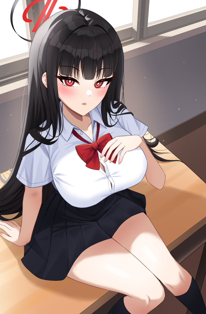 1girl, absurdres, black_hair, black_skirt, blue_archive, breasts, desk, highres