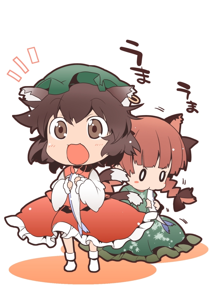 :3, animal_ears, blush_stickers, braid, brown_eyes, brown_hair, cat_ears, cat_tail