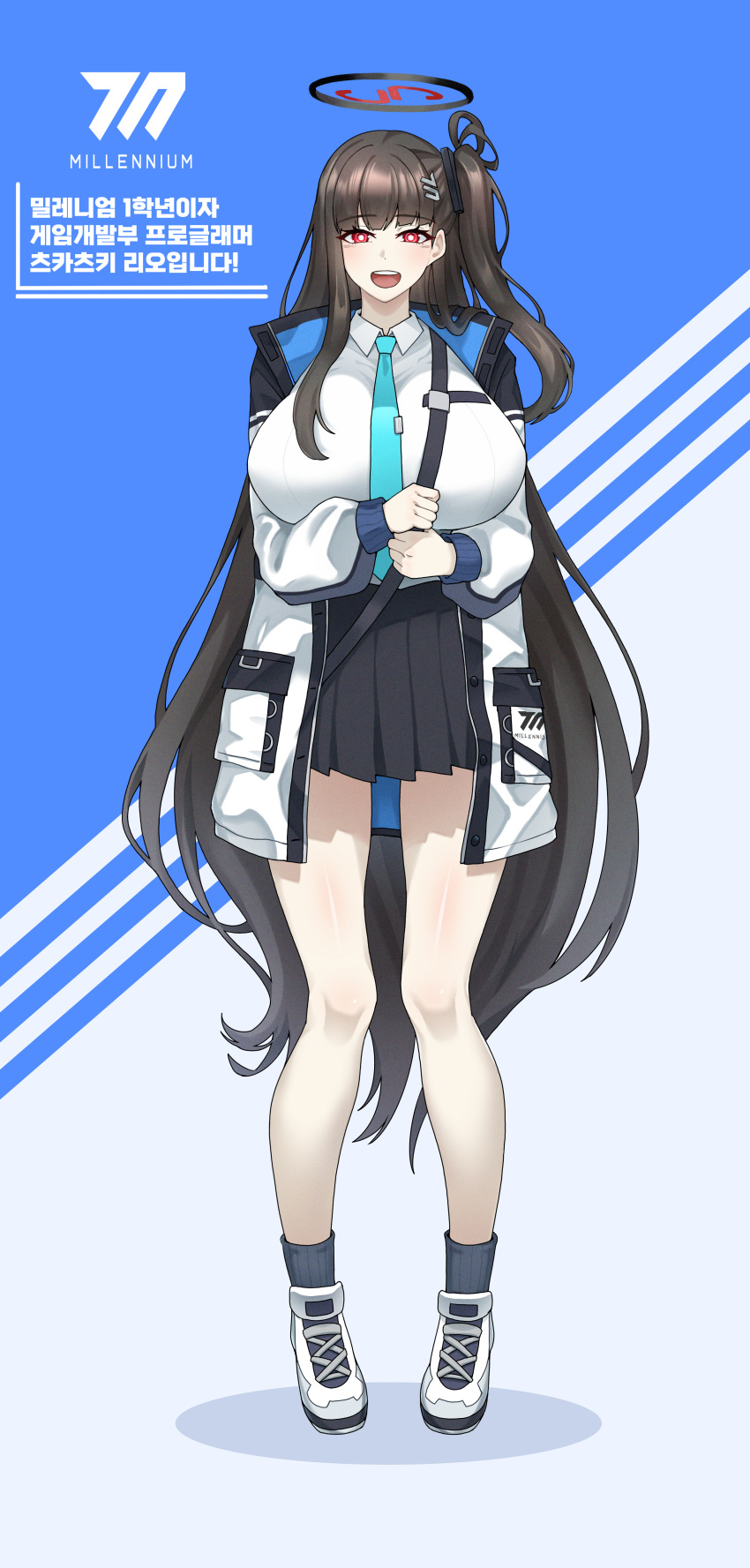 1girl, absurdres, aqua_necktie, aris_(blue_archive), aris_(blue_archive)_(cosplay), black_hair, black_halo, black_skirt