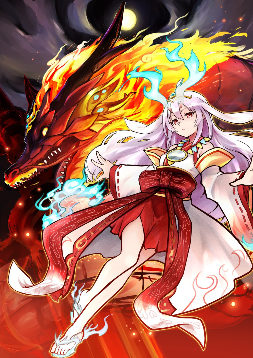 1girl, aqua_fire, bare_shoulders, blue_fire, bow, breasts, detached_sleeves, dragon